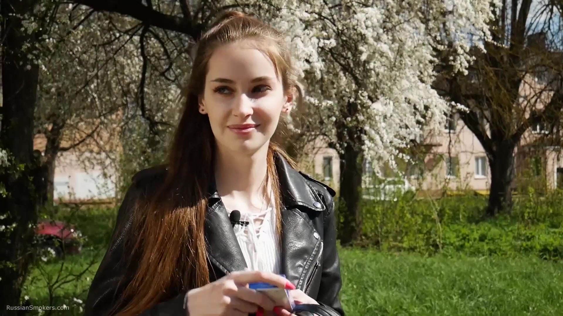 Non Smoker Masha Is Smoking Two All White 120mm Cigarettes Outside