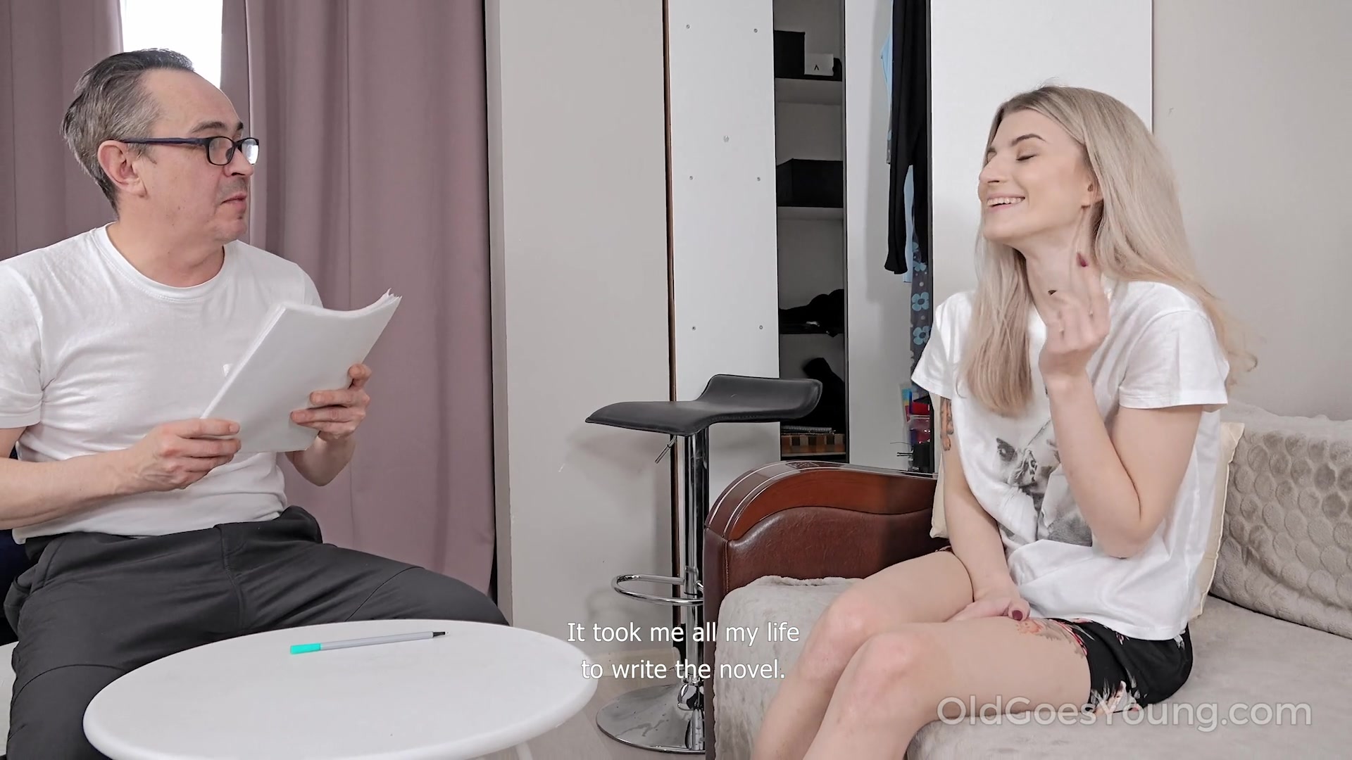 Sweet blonde tells her grey-haired stepdad to go wild
