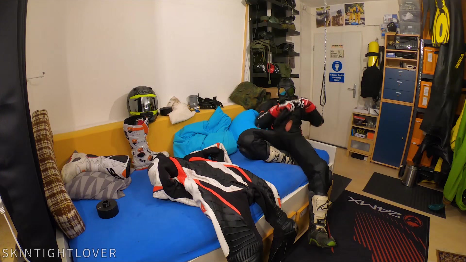 Wanking in biker suit cum