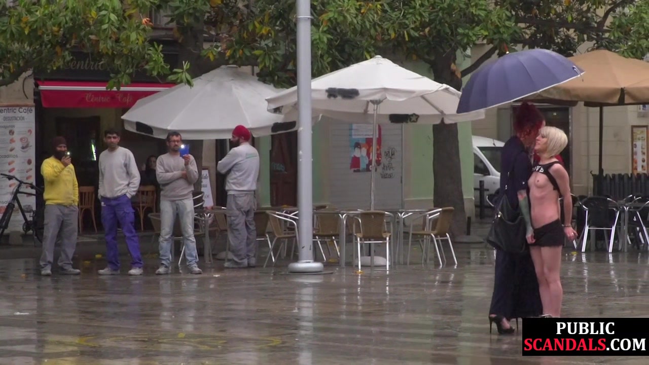 Public perverted naked slut seduced by BDSM lady outdoor
