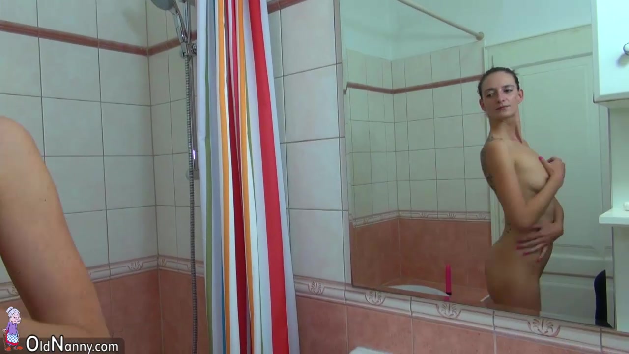 Oldnanny Old and young woman shower and masturbating pussy with dildo then