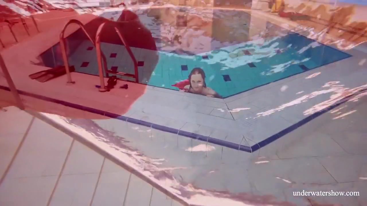 Red Long Dress And Big Tits Floating In The Pool