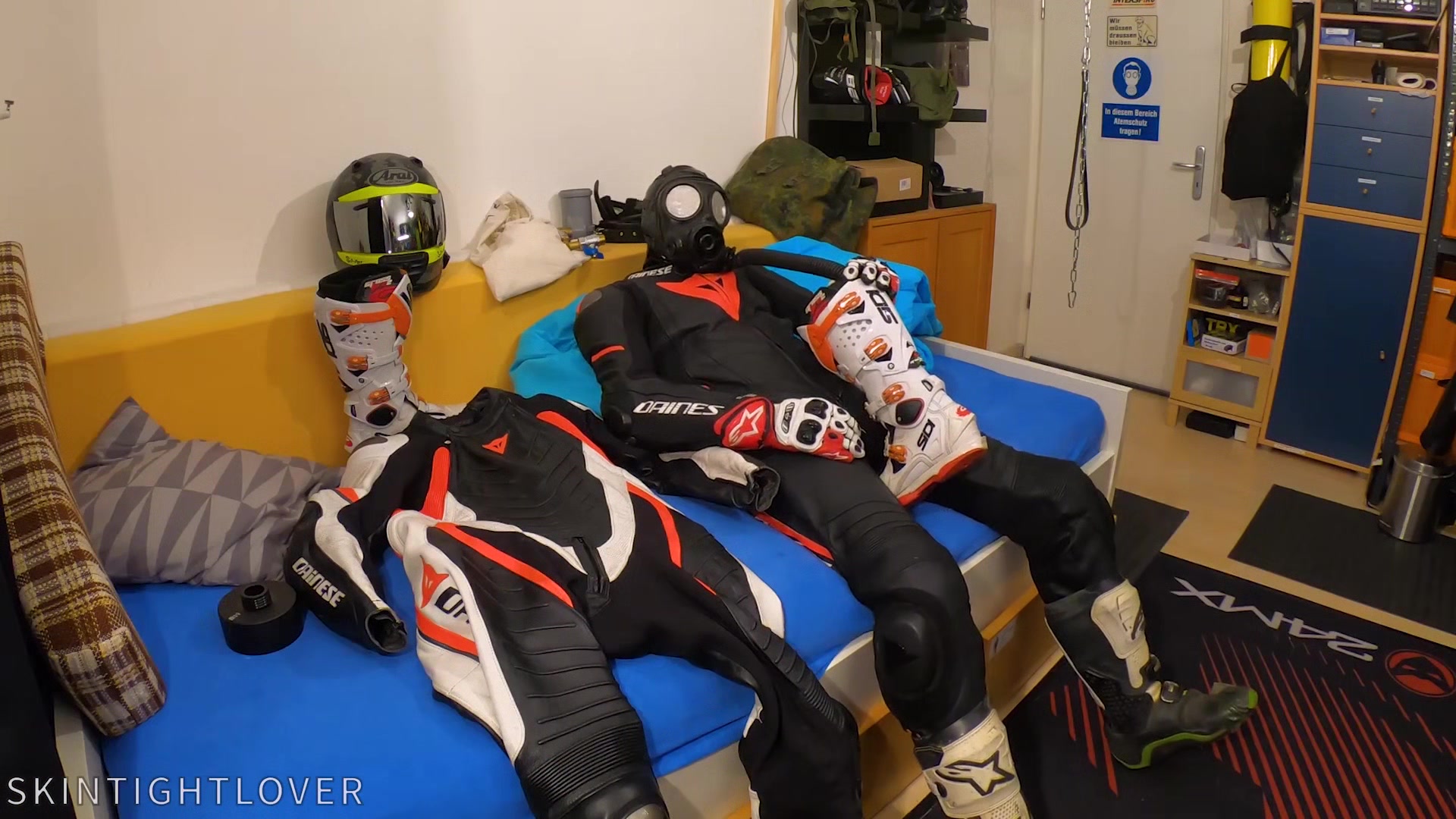 Wanking in biker suit cum
