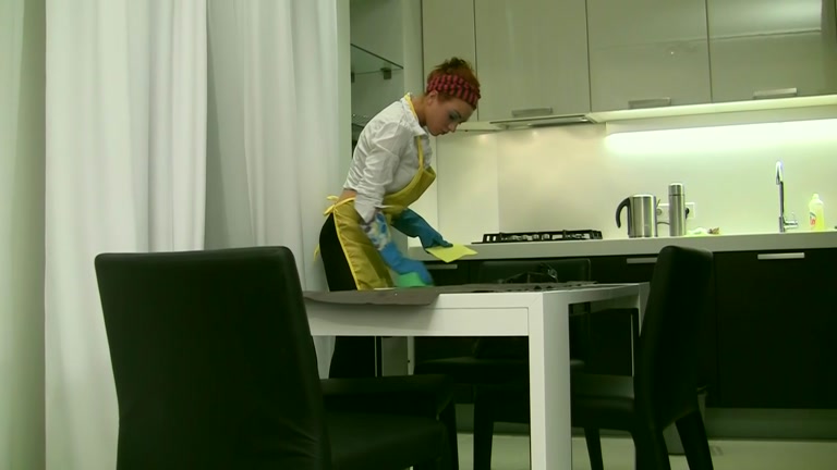 Sexy cleaner got fucked hard by 3 clients