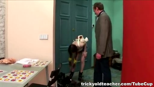 Little gal with big boobs rides her old professor