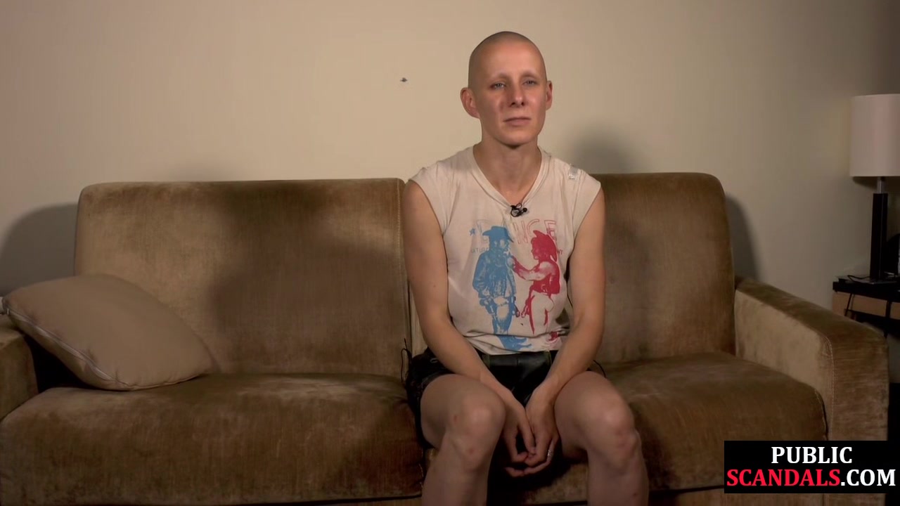 Bald slut in leather harness 3way DP fucked in public