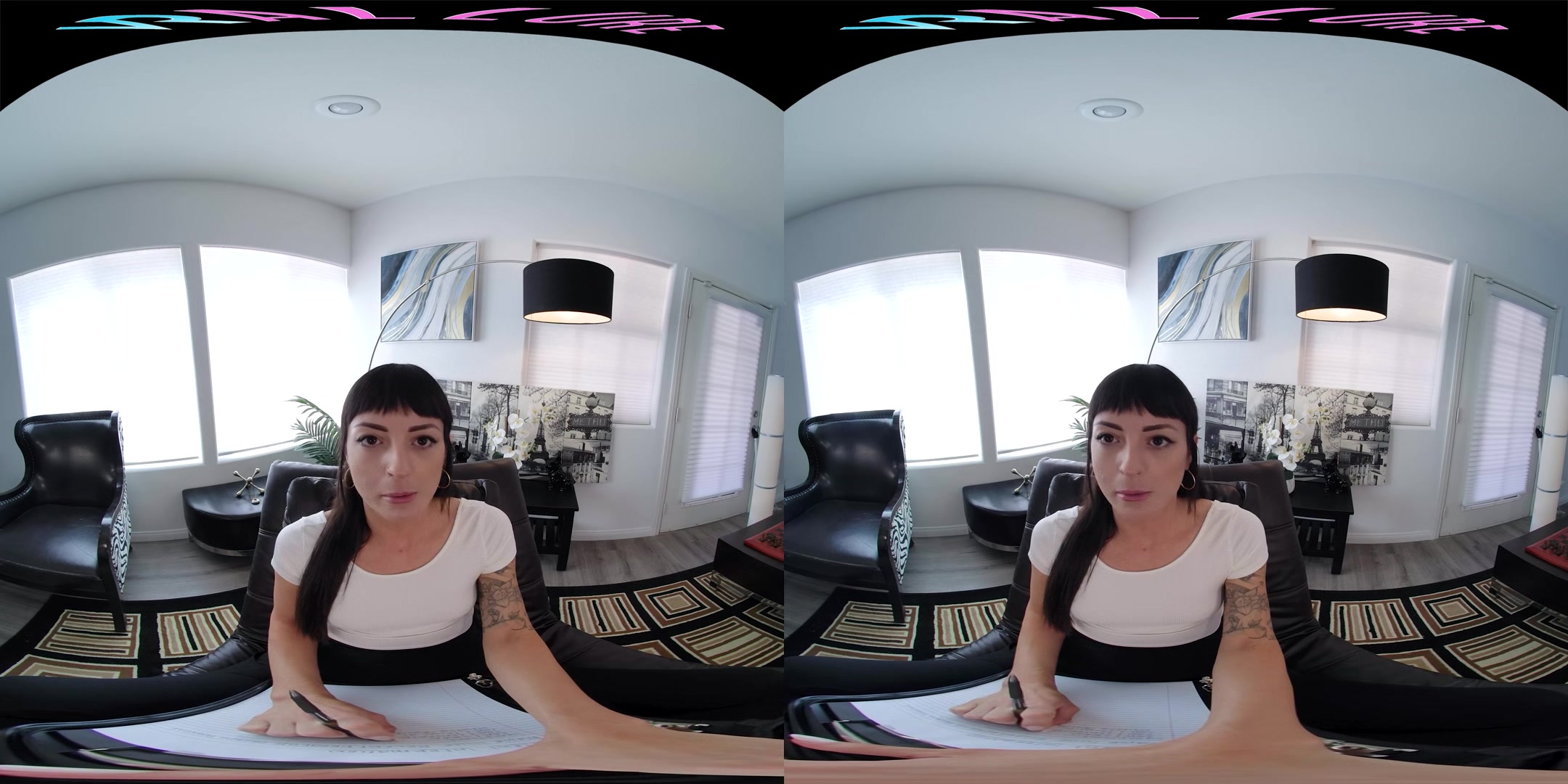 Skinny brunette fucks her ass with a toy in virtual reality
