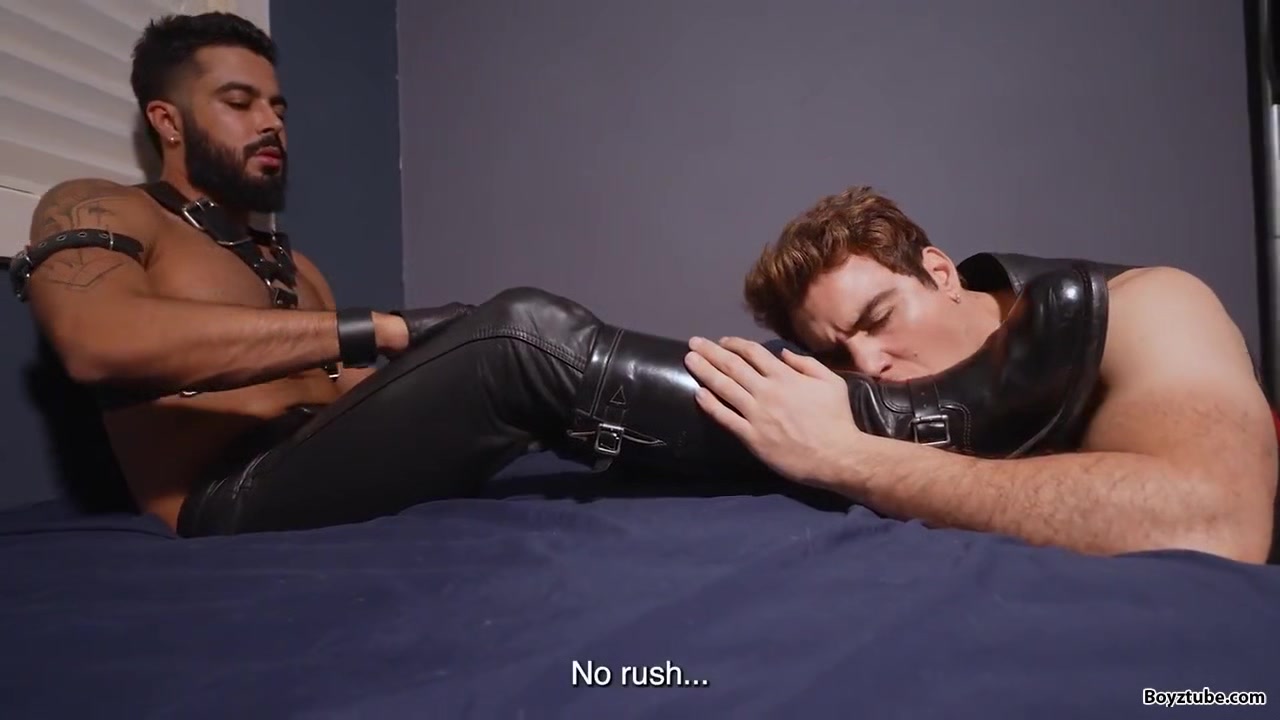 Leather master boots and feet licking cum load