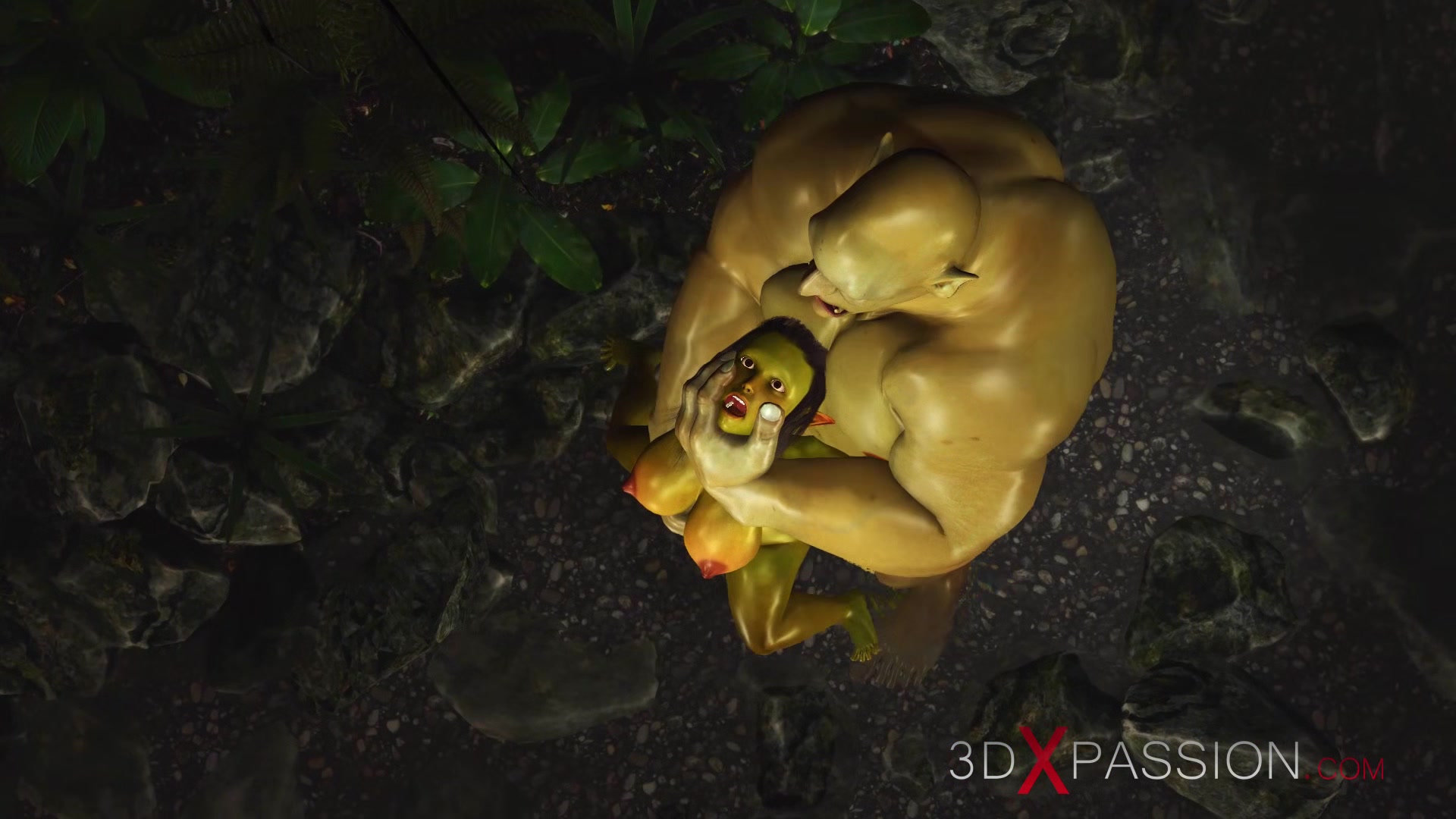 Horny female goblin Arwen and Green monster Ogre in the enchanted forest