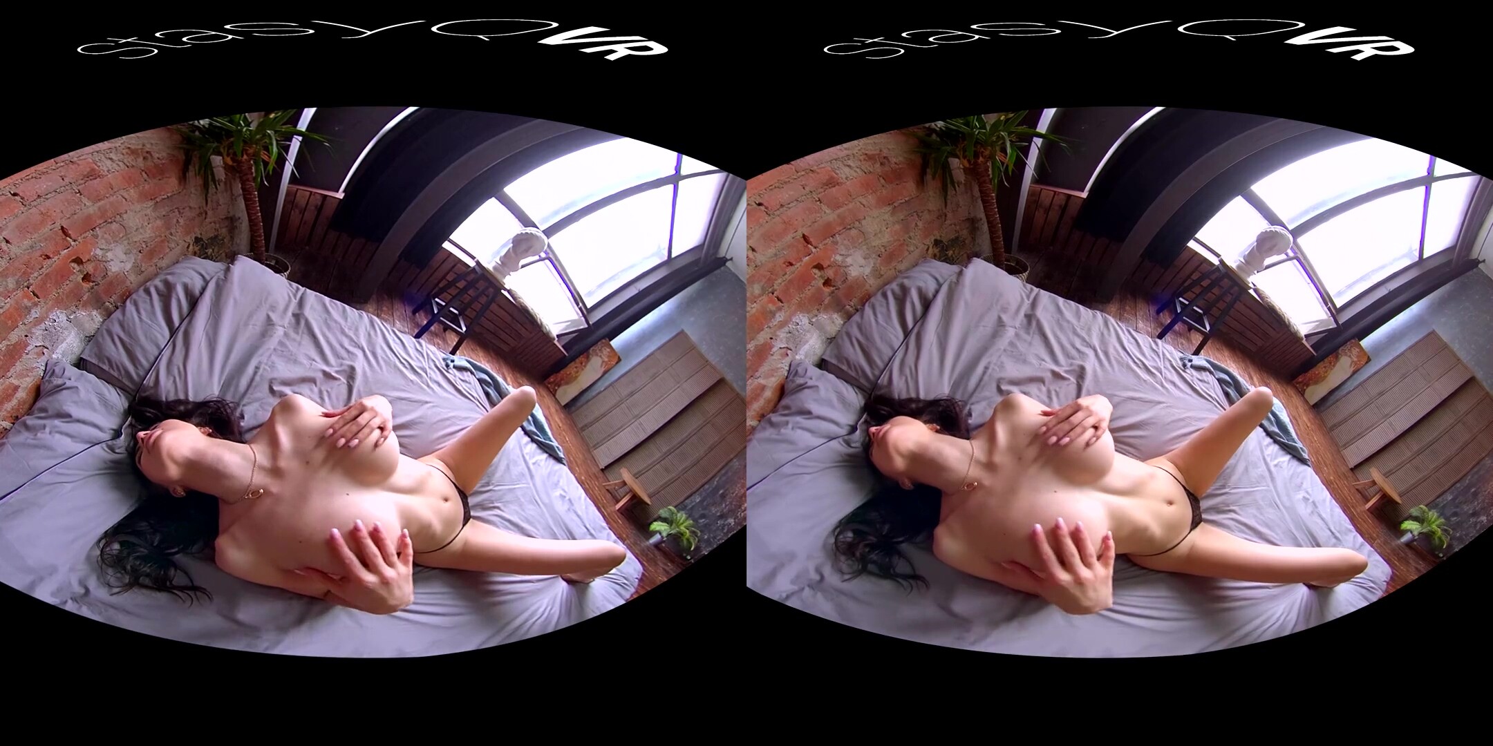ForyQ exposing her perky tits and moist pussy in VR