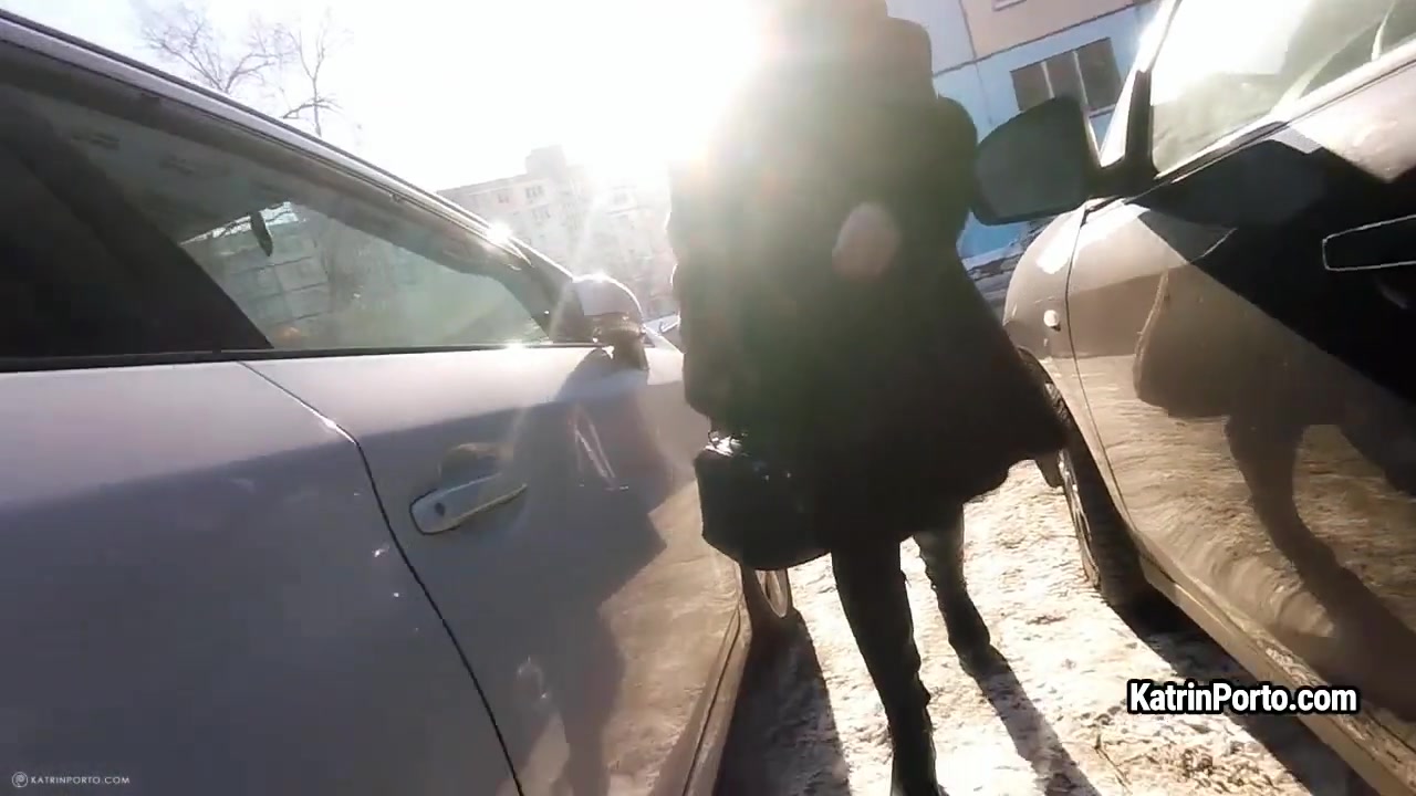 Sexy BBW Katrin Porto in fur coat shows her hairy cunt outdoor