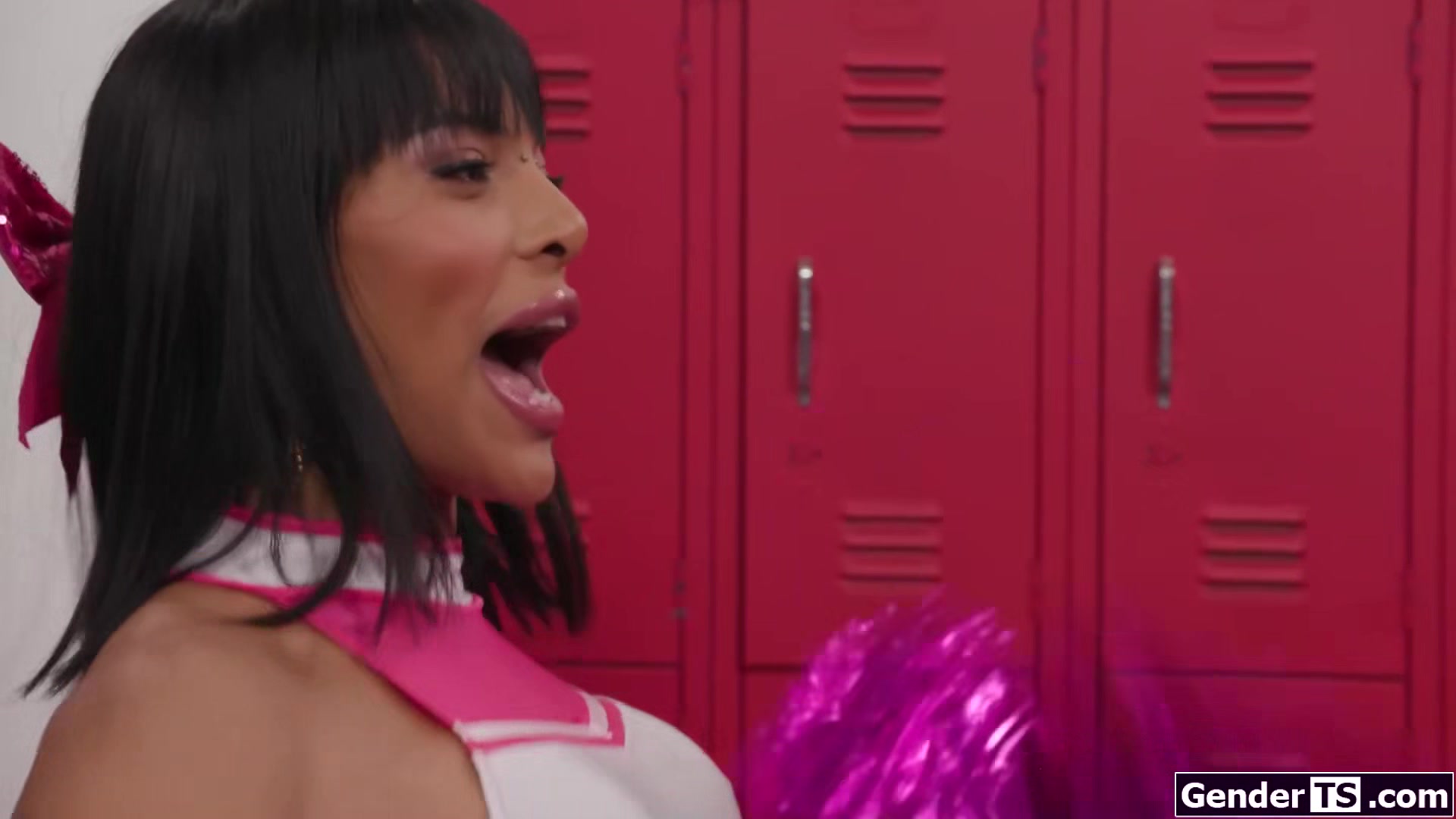 Latina shemale cheerleader Lola Morena analed in lockerroom