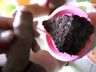 Latina slut eating cum with cake