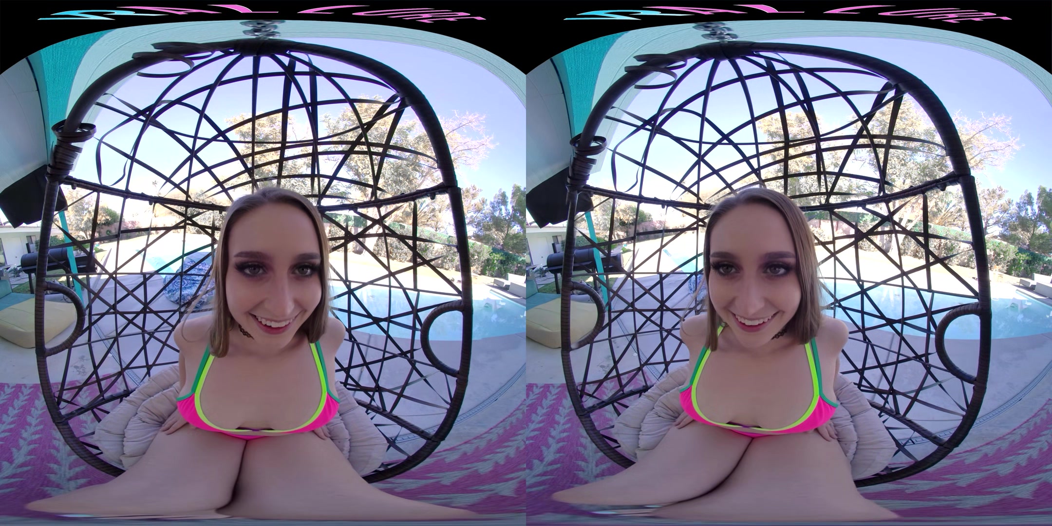 Horny blonde masturbates outside with her toys in virtual reality