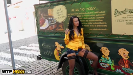 Breasty sweetheart in nylons masturbates in the street