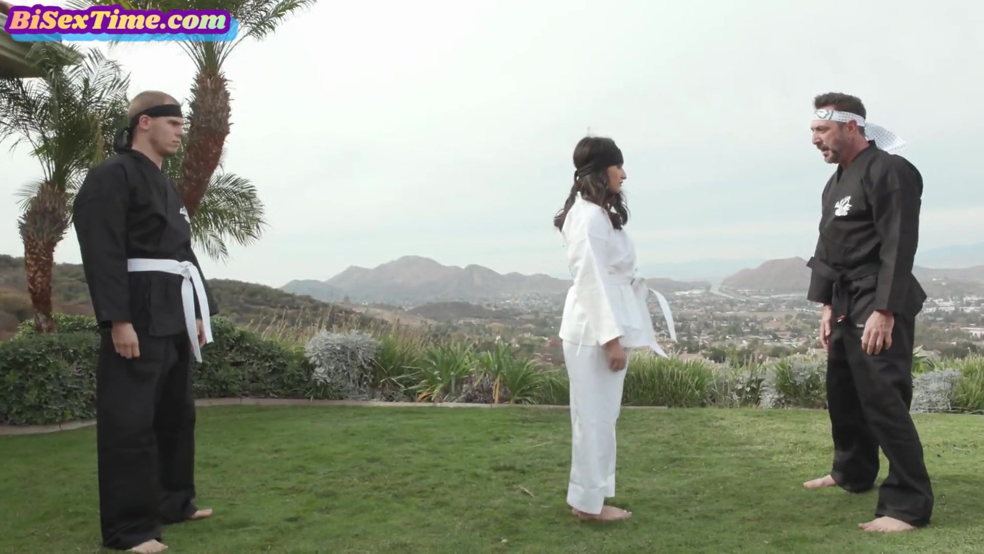 Babe riding bisexual boyfriend in this karate threesome