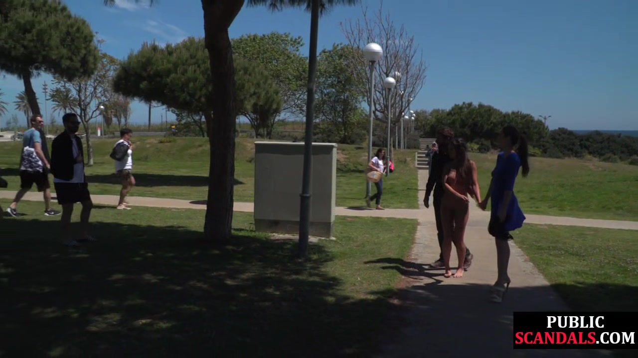 Scandalous slut walks naked outdoor in front of people