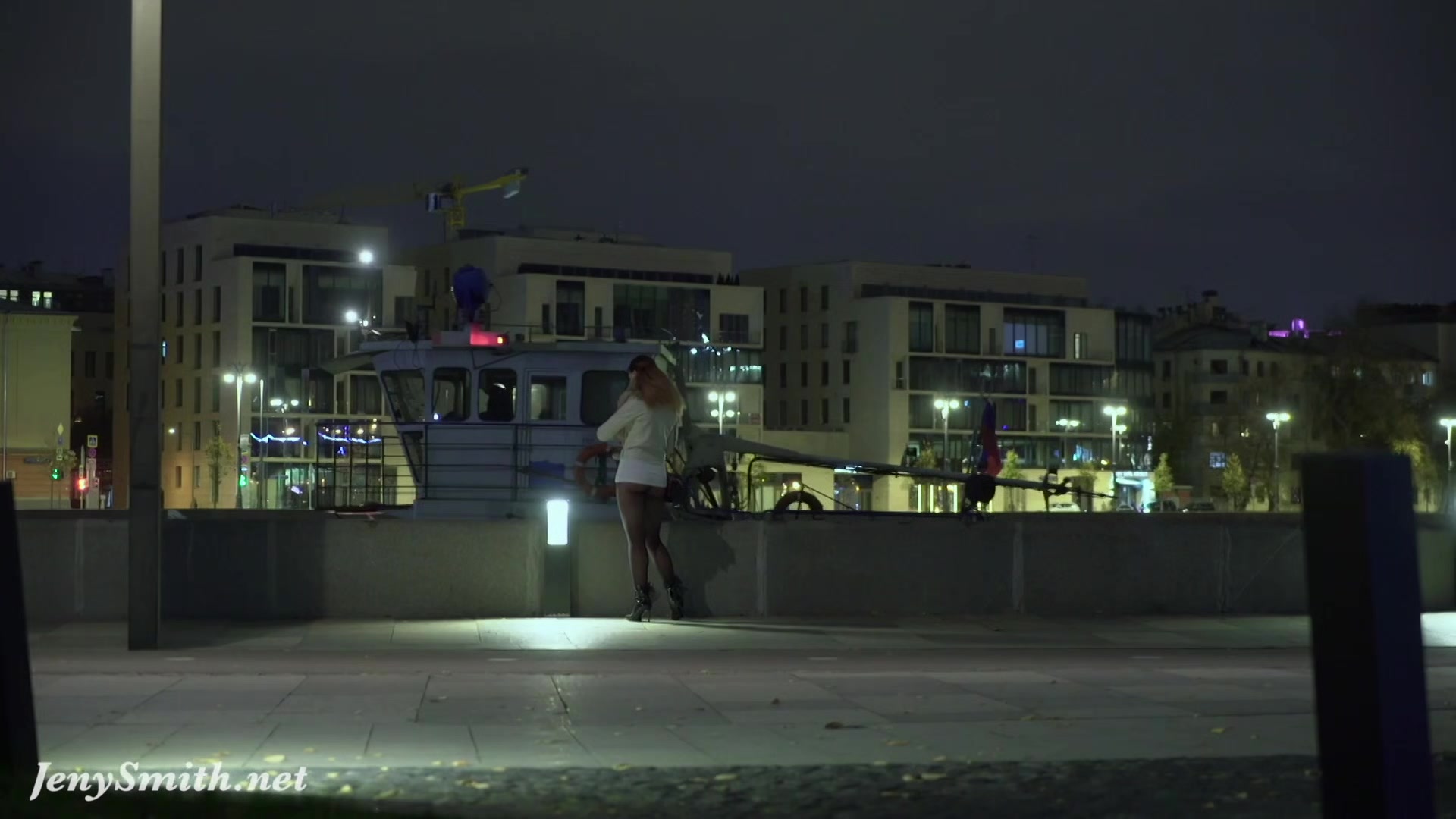 Deep Evening - Russian Jeny Smith walks in public in transparent pantyhose without panties.
