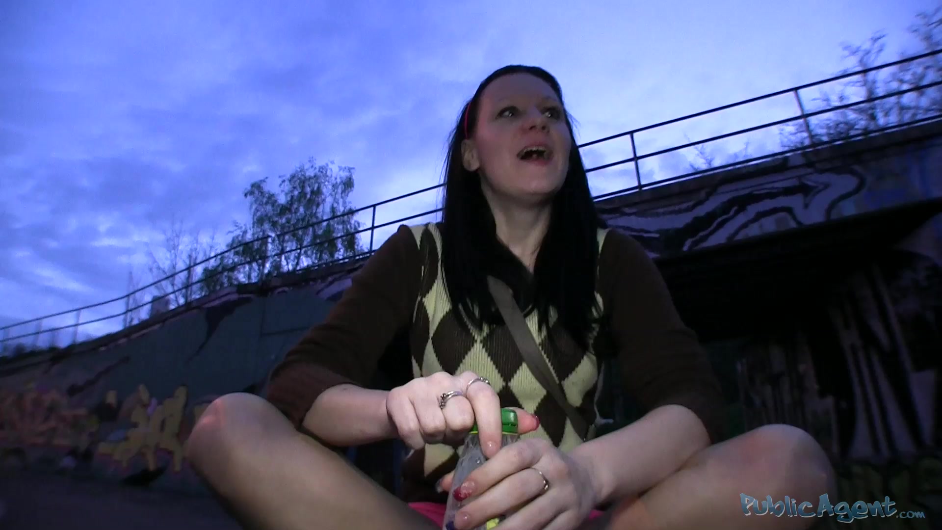 Young brunette amateur touched her pussy under the bridge