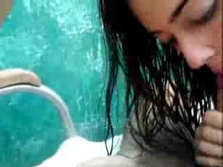 Young Latina can not resist and starts sucking dick by the pool