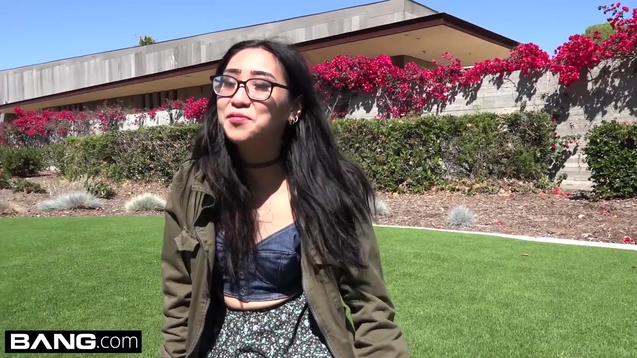 Nerdy teen 18+ asian Eva Yi flashes her tits in public