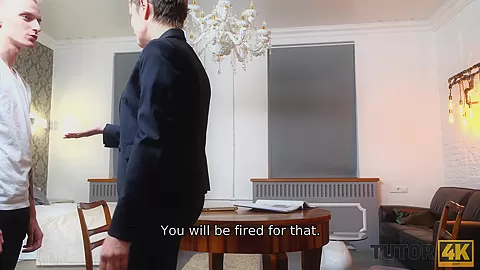 TUTOR4K. MILF wearing official suit makes younger guy go crazy about fucking