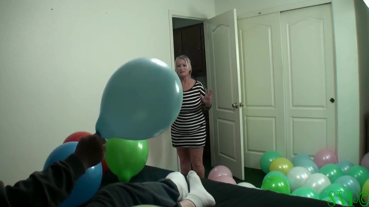 Mean And Nasty Stepgrandma Smokes And Fucks Stepgrandson While Busting Balloons