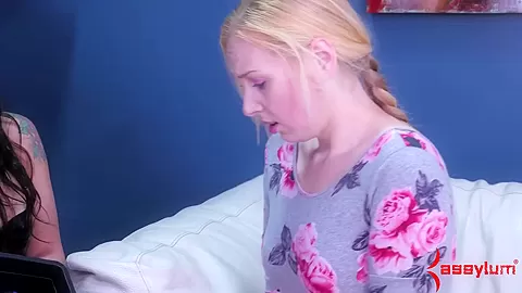 Cute blonde mouth fucked and gagging on strapon