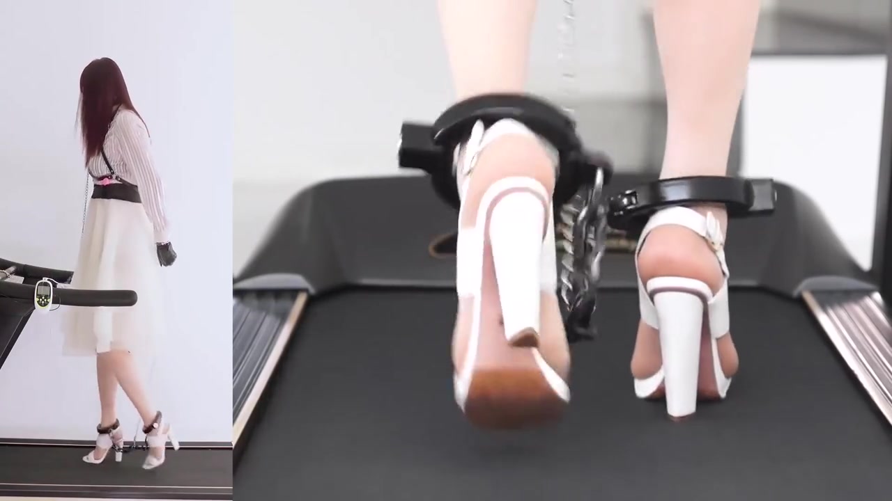 Asian Chained Treadmill Walking In Heels