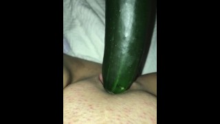 Lonely horny amateur has no toys for wet pussy, cums all over cucumber pt.1