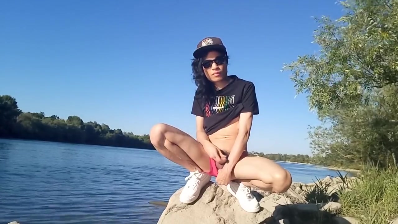 Risky Public Masturbation, Cumshot Outside, Outdoors, By The Water, Of A Twink With Long Black Hair