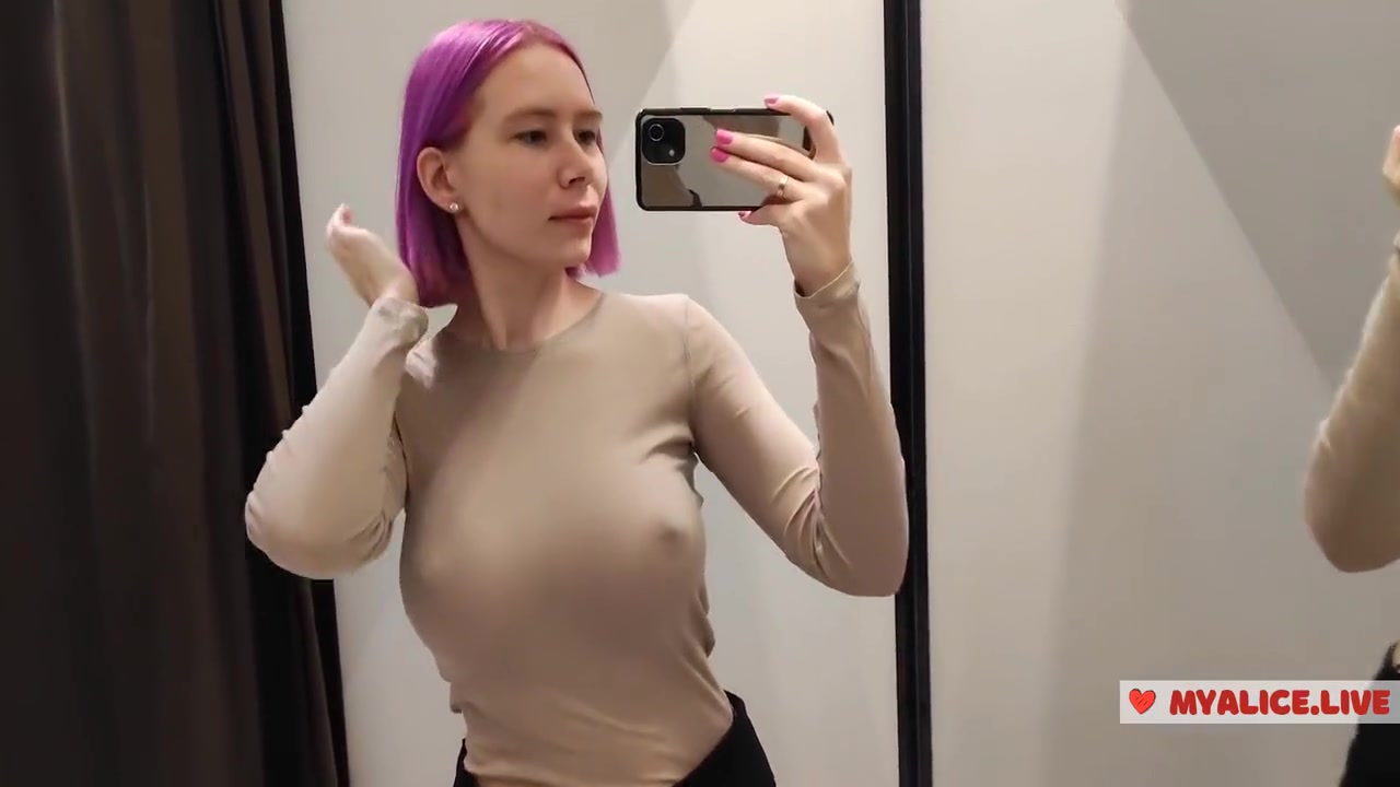 Try On Haul Sweaters In The Big Tits Beauty Pulls On Clothes. View During Fitting
