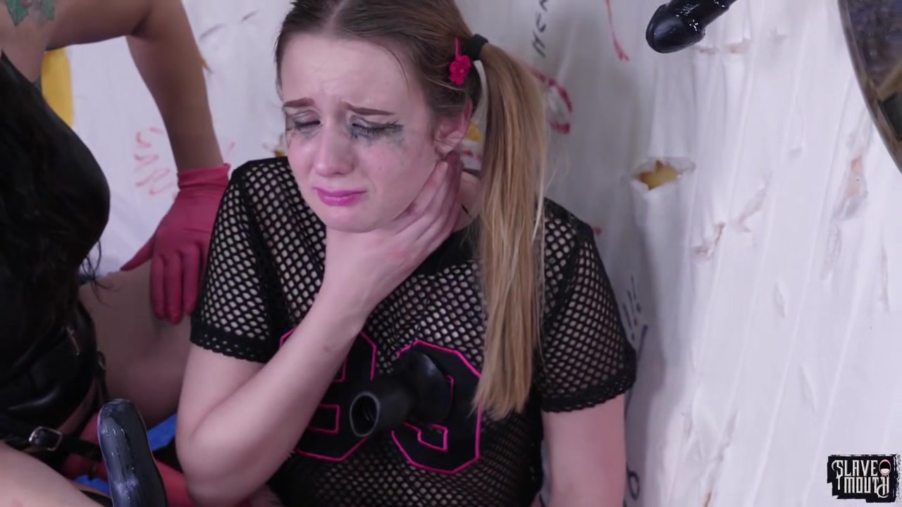 Lezdom teen 18+ slave gagging on dildos