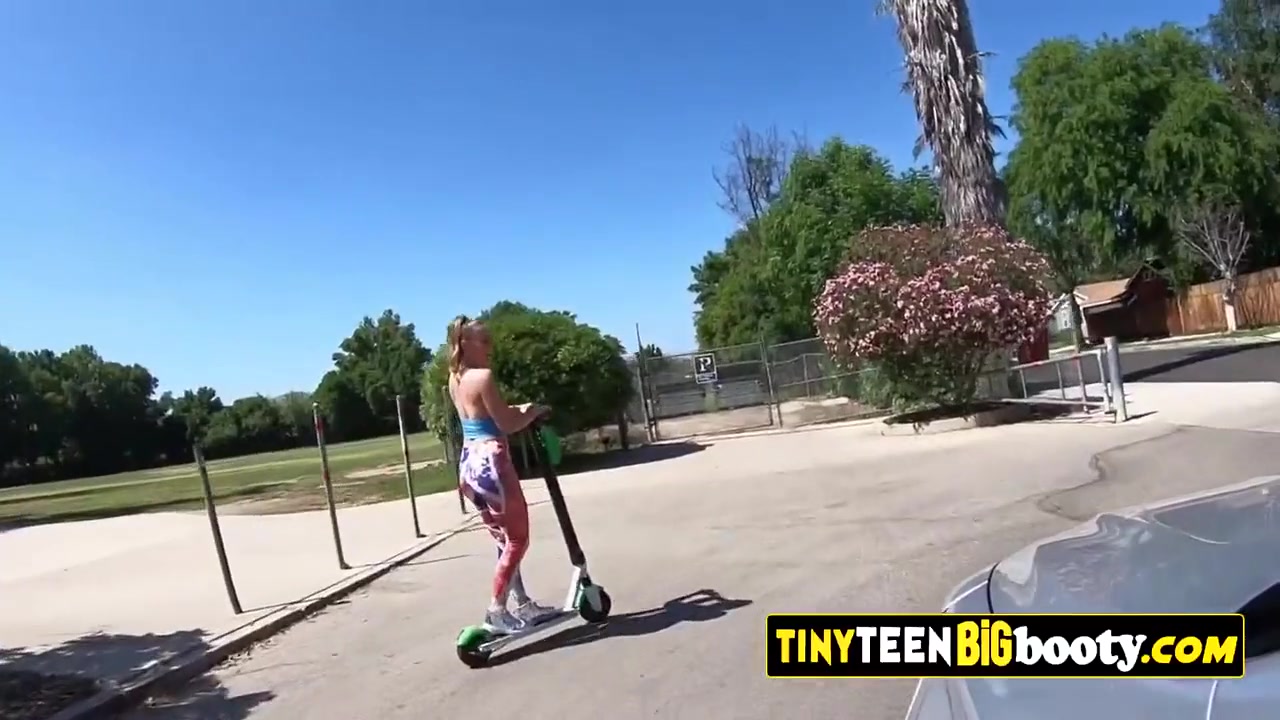 Tiny teen 18+ On Electric Kick Scooter Rides Step And Huge