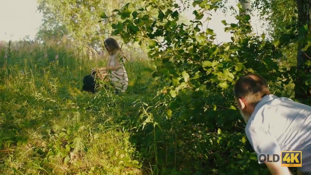 OLD4K. Beautiful redhead with glasses rides old dick in the woods