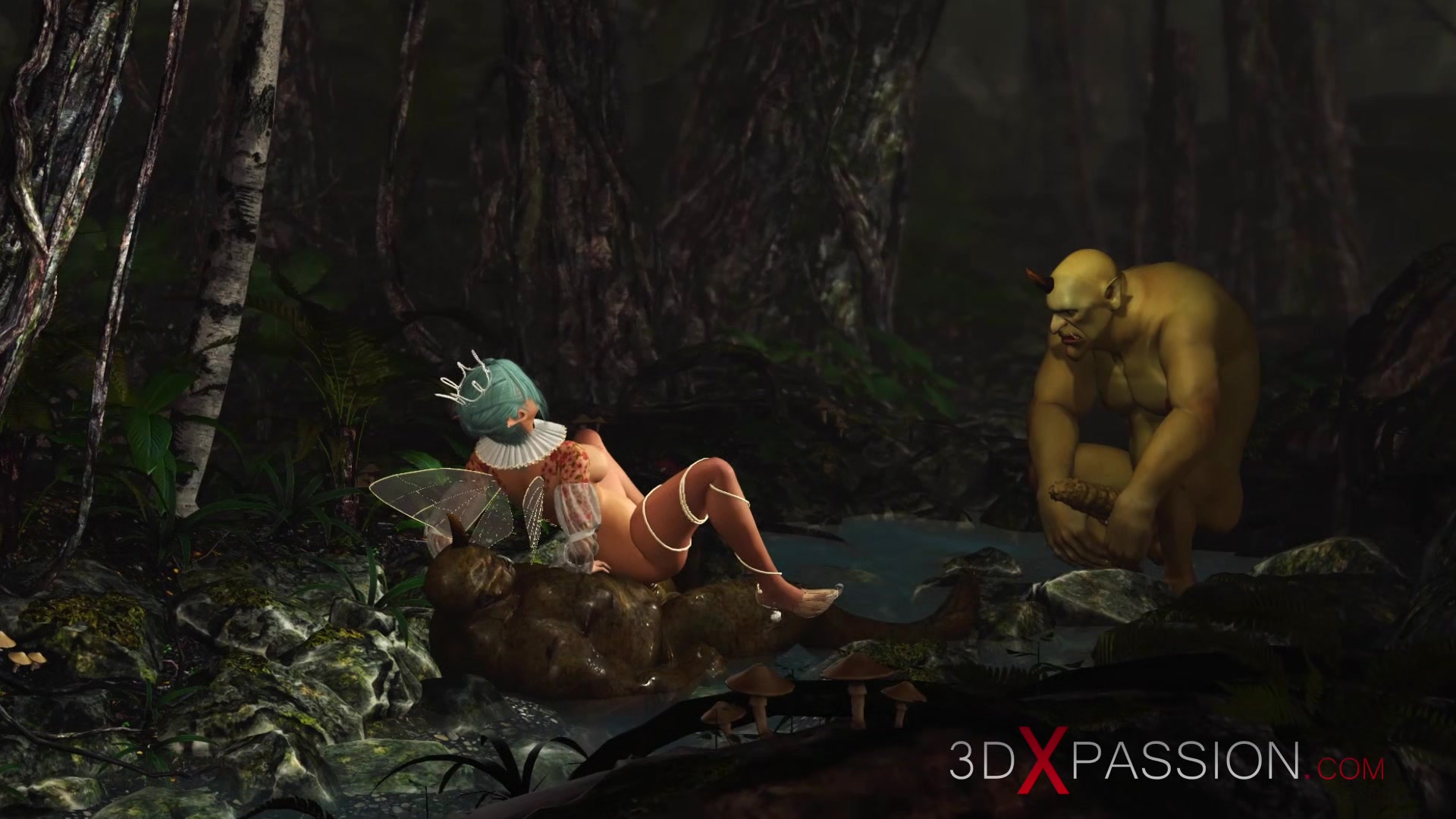 Threesome with a beautiful hot fairy and two orcs in the night forest