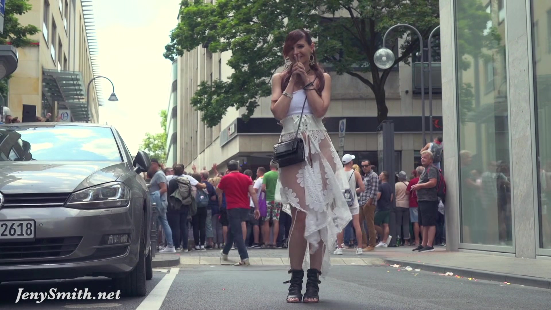Jeny Smith walks in public in transparent dress without panties
