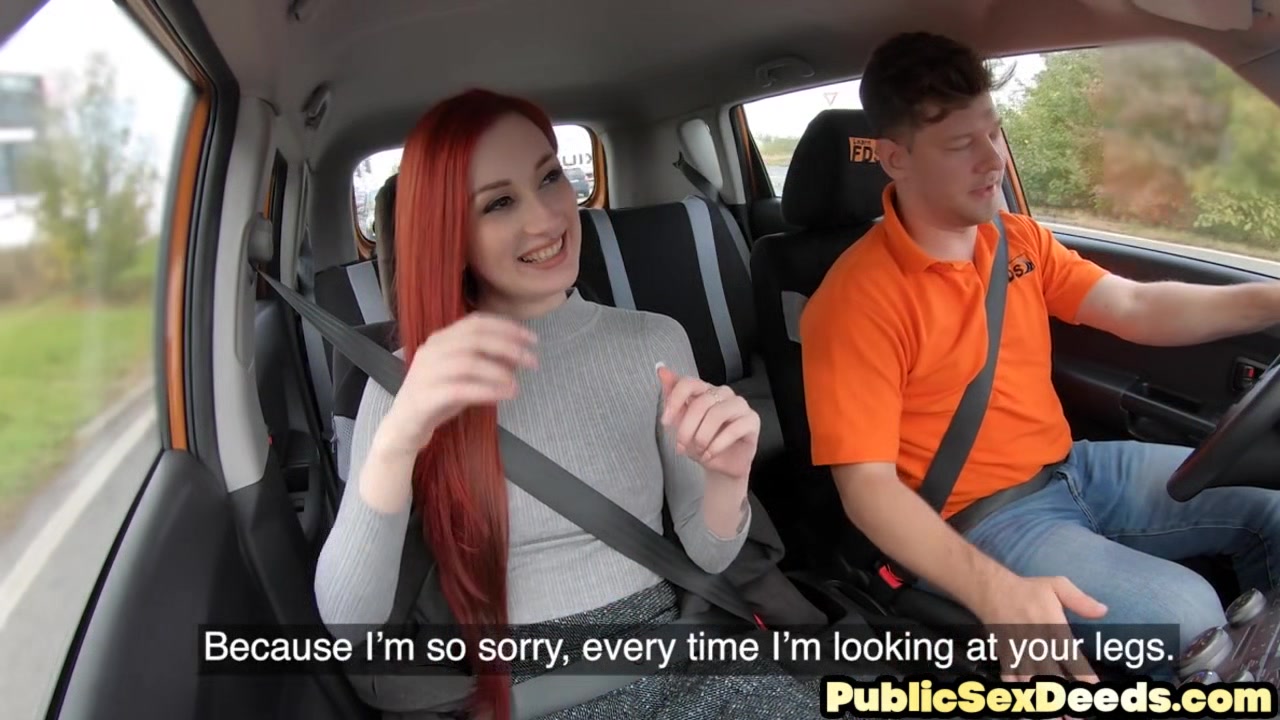 Redhead driving babe fucked outdoor in car in driving tutor