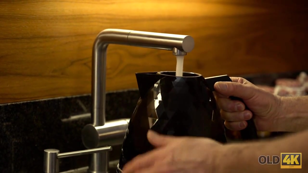 OLD4K. Blonde and old husband interrupted tea to make love on sofa
