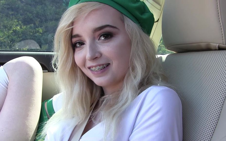Dressed in Her Cute Little Slut Scout Outfit, Watch Her Pull Her Pink Panties to the Side