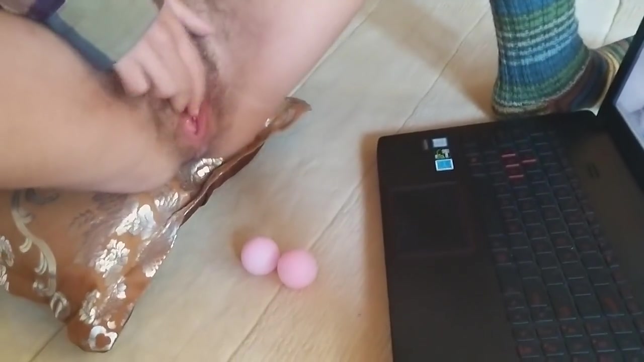 Natural Hairy Pussy Girl Watching Porn And Masturbate With 3 Ping Pong Balls