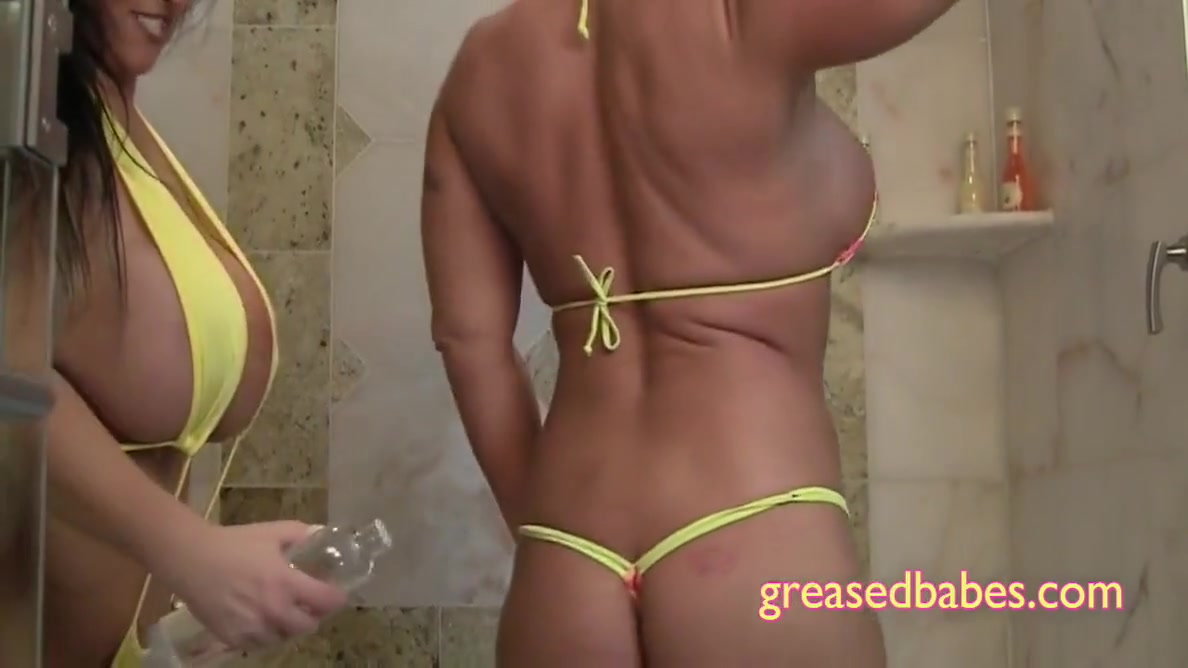 Busty Bikini Milfs Get Oiled Up Together In The Shower