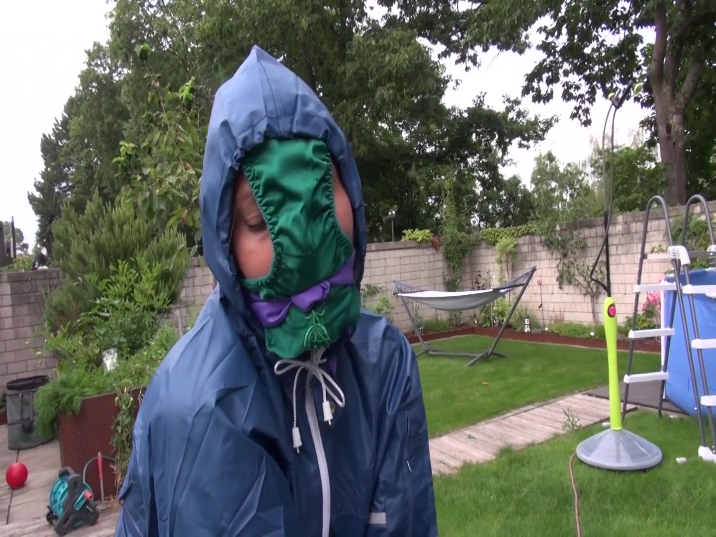 Watch Sandra Beeing Bound, Gagged With A Pantyhood In Her Oldschool Rainsuit