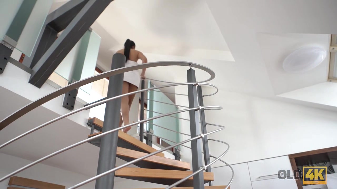 OLD4K. Beautiful brunette takes a shower then has sex with old man