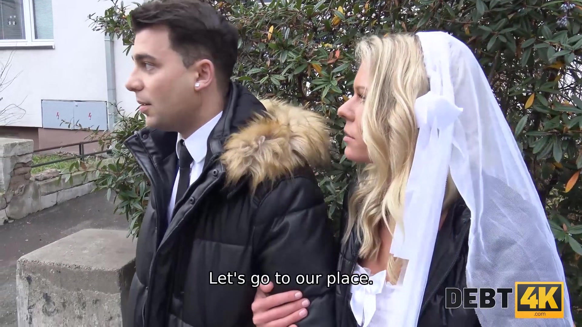 DEBT4k. Debt collector fucks the bride in white dress and stockings