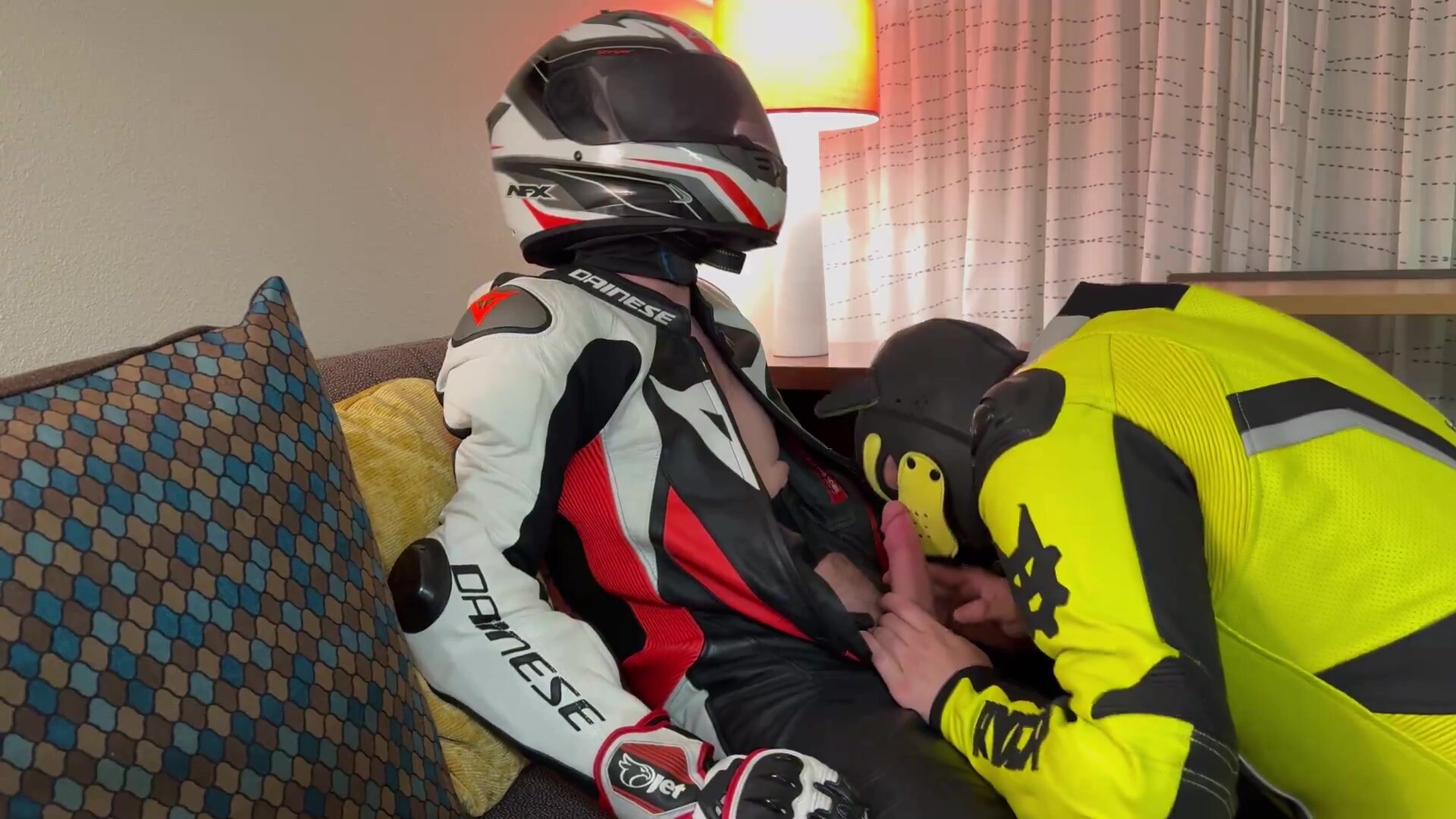 Biker gear blowjob and cum gloves