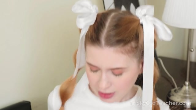 Sweetie kneels to suck her teacher's big dick