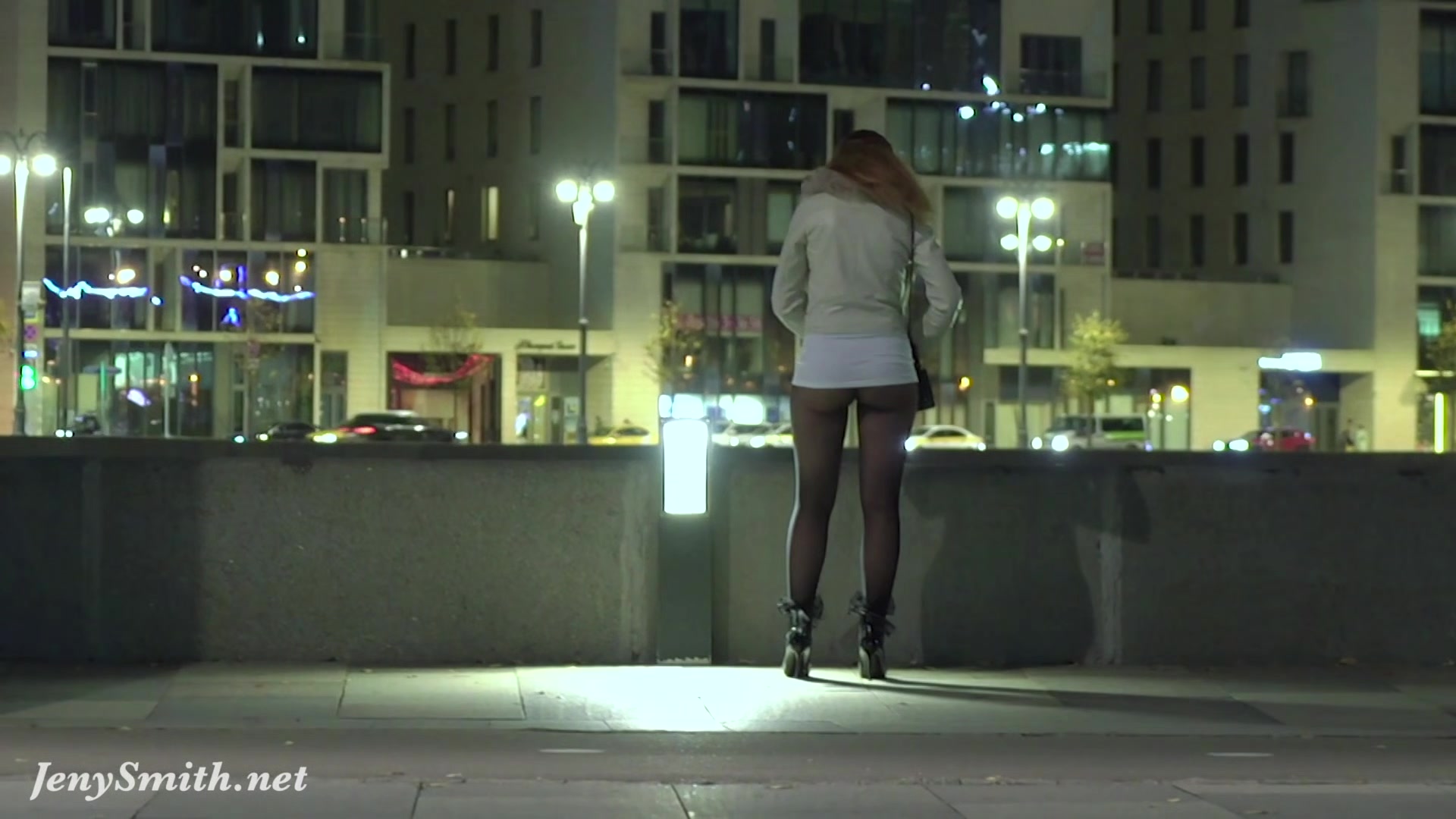 Deep Evening - Russian Jeny Smith walks in public in transparent pantyhose without panties.