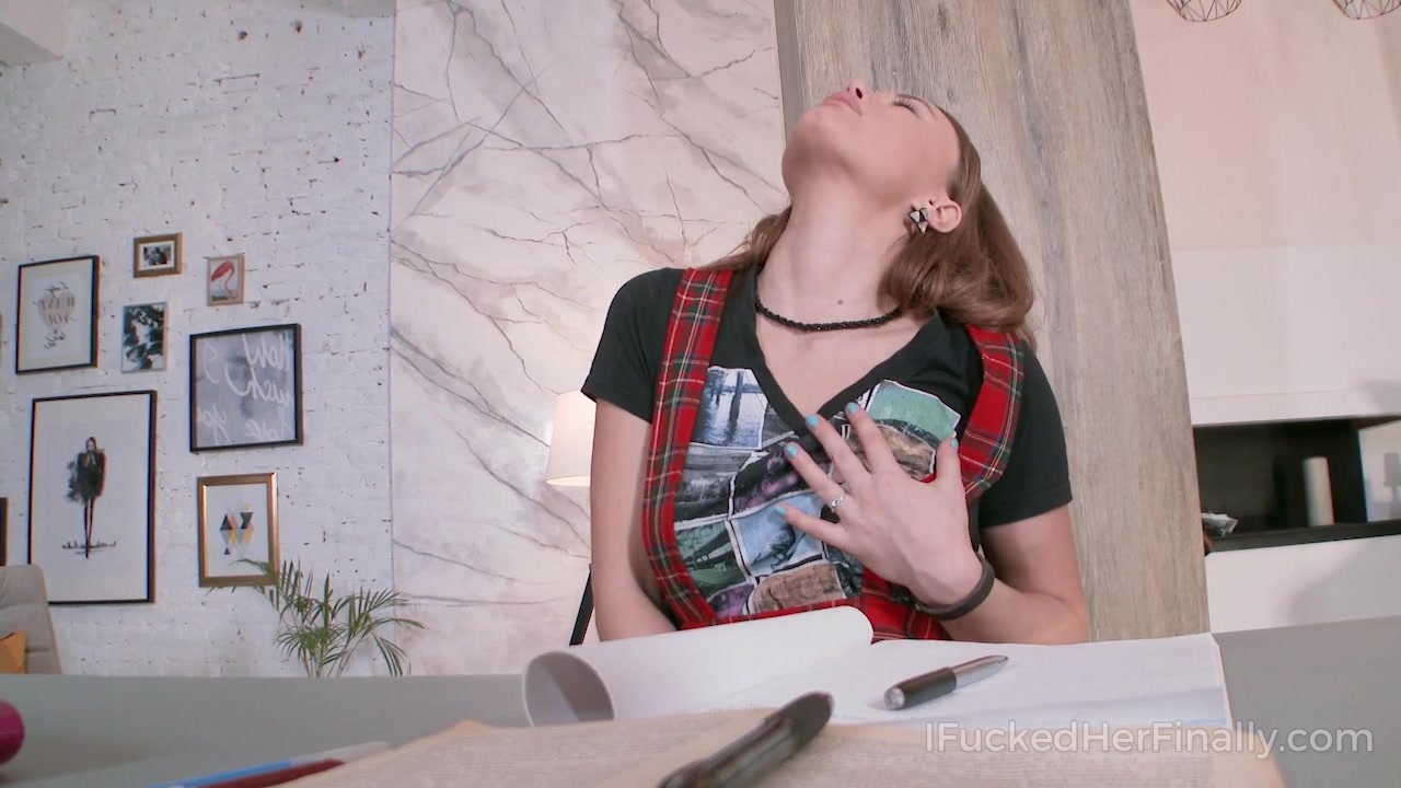 Lazy student 18+ squeezes her boobs when tutor walks into the room