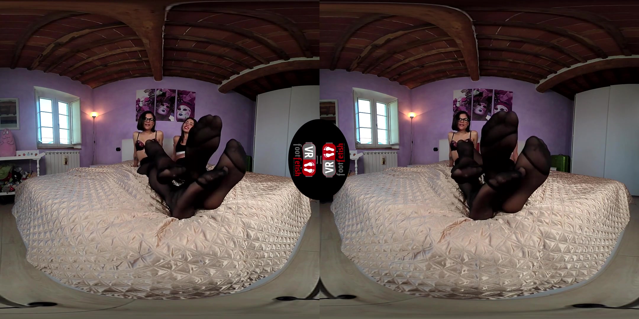 Brunette Power: Chiara and Petra Lay Down in a Bed in Black Nylons - Stockings Foot Fetish Lesbian Feet